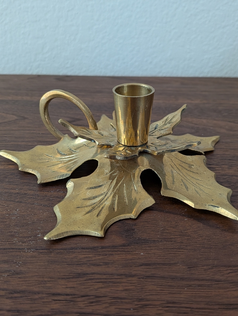 Solid Brass Vintage Holly Leaf Christmas Taper Candle Holders Poinsettia Decor